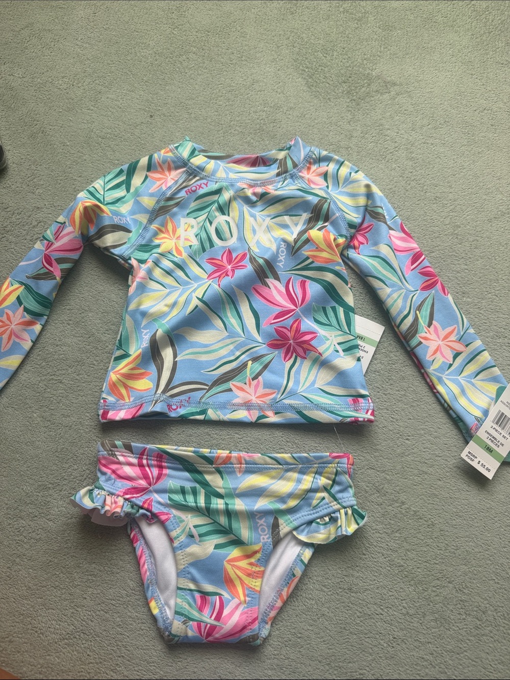 Roxy Girls' Blue Floral Long-Sleeve Rashguard Bikini Set